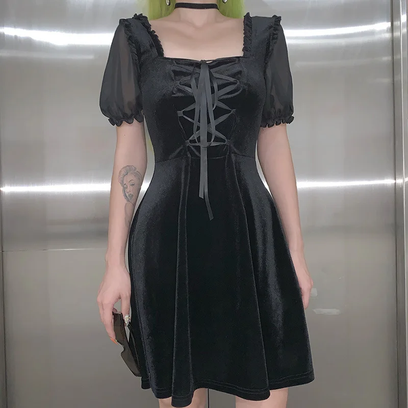 

D1735034 Nibber gothic clothing 2021summer street puff sleeve suede slim casual dresses women