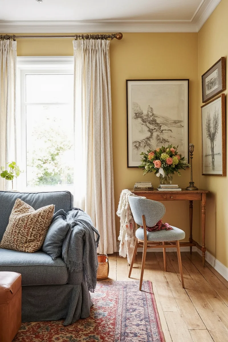 Close-up of layered textures including pillow, throw blanket, and woven rug