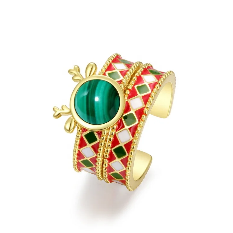 

925 Silver Cute Elk Adjustable Enamel Ring Two Piece 18K Gold Plated Opening Chunky Rings Set Christmas Gift For Women