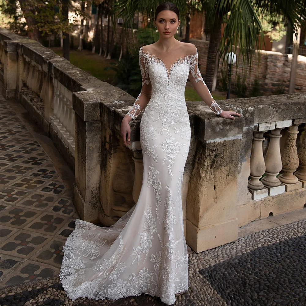 

2021 New Arrival Illusion O Neck Full Sleeves Detachable Skirt Mermaid Wedding Dresses Appliqued Crystal Lace Bridal Gowns