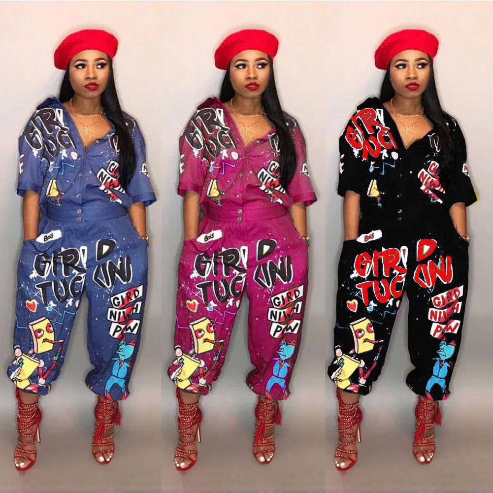 

MT56-8103 Loose 2 Pieces Cartoon Women Harem Jumpsuits Mid Waist Casual Winter Polyester Others Front Print Pattern Regular
