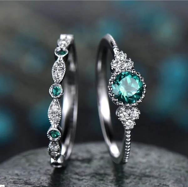 

New 2Pcs/Set Fashion Crystal Rings Set For Women Girls Engagement Wedding Rings Female Party Jewelry Gifts