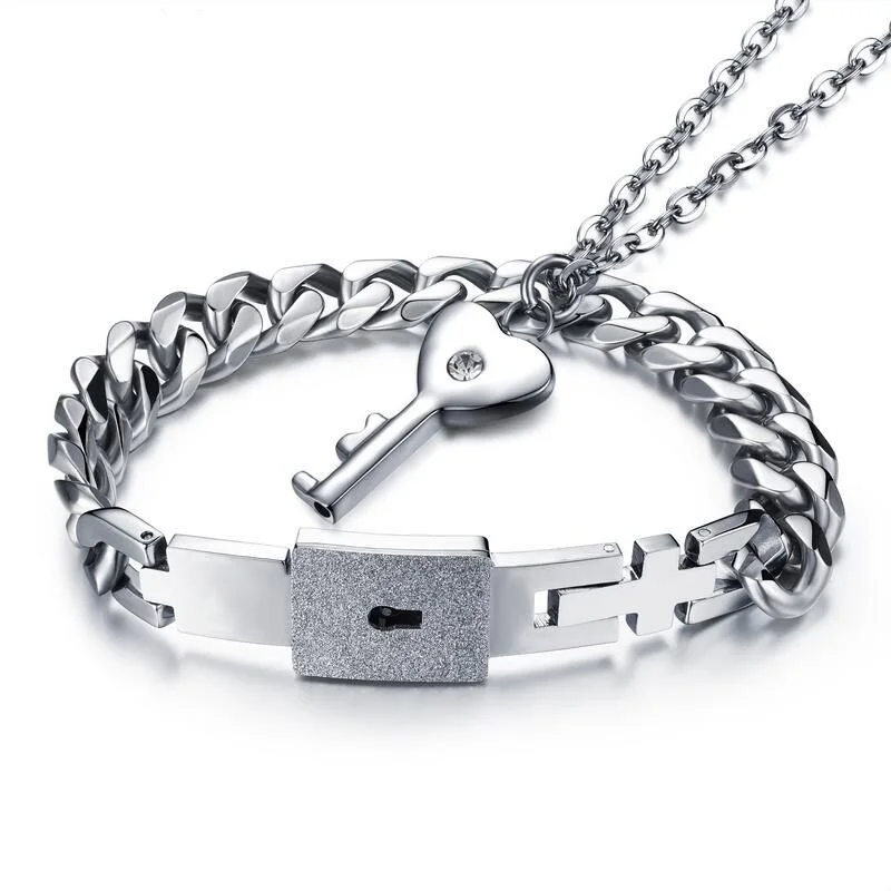 

Titanium Steel Couple Jewelry Key and Lock Chain Bracelet Jewelry Set