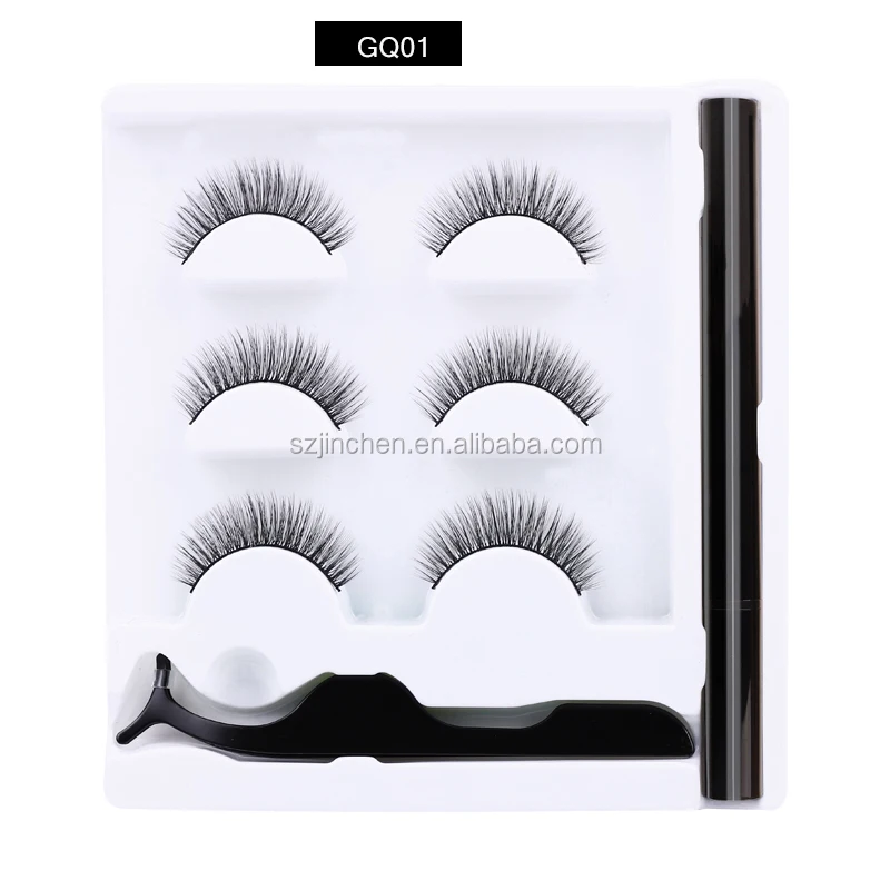 

High quality wholesale 5 styles GQ01 3 pairs 3D mink eyelashes Magic self-adhesive eyeliner set with tweezers private label