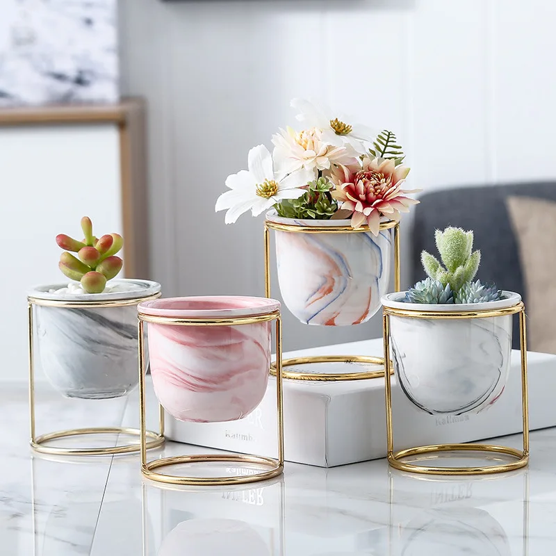 

Wholesale Nordic creative succulent marble pot Indoor Planters Office Desktop ceramic flower plant pots with gold iron frame