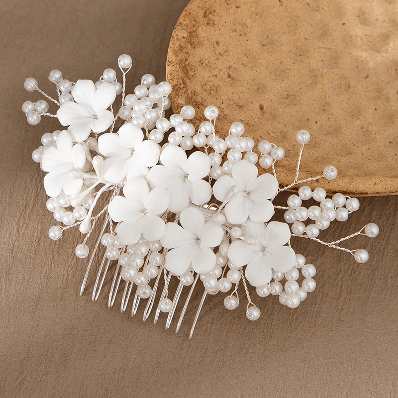 Romantic Elegant Headwear Bridal Hair Accessories Handmade Polymer Clay Flower Pearl Hair Combs Valentine's Day