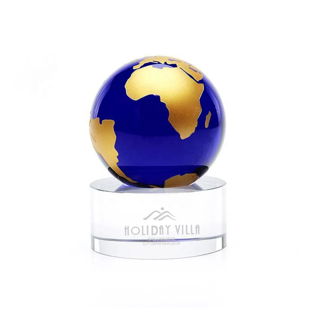 Wholesale Blue Crystal Globe / Base Custom logo / Crystal Ball Souvenir Award
