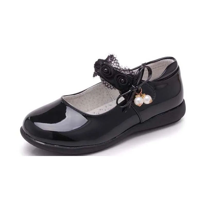

XS809 pupil elementary wholesale school students Fashion bead girls white and black leather shoes