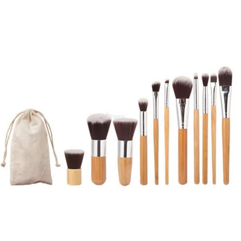 

Custom logo 11pcs bamboo bamboo makeup brush set foundation powder brush with cloth bag eco-friendly make up brush