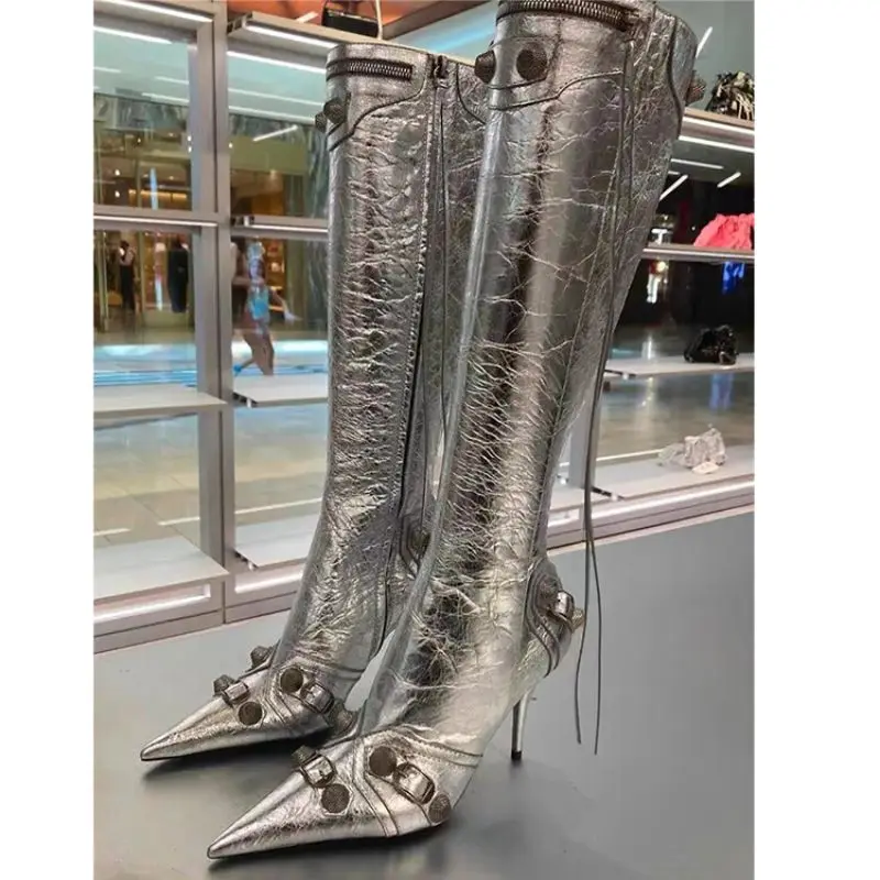

Botas Para Mujer Silver Retro Trending Tassel Stiletto Heel Knee Length 2023 Women's Boots