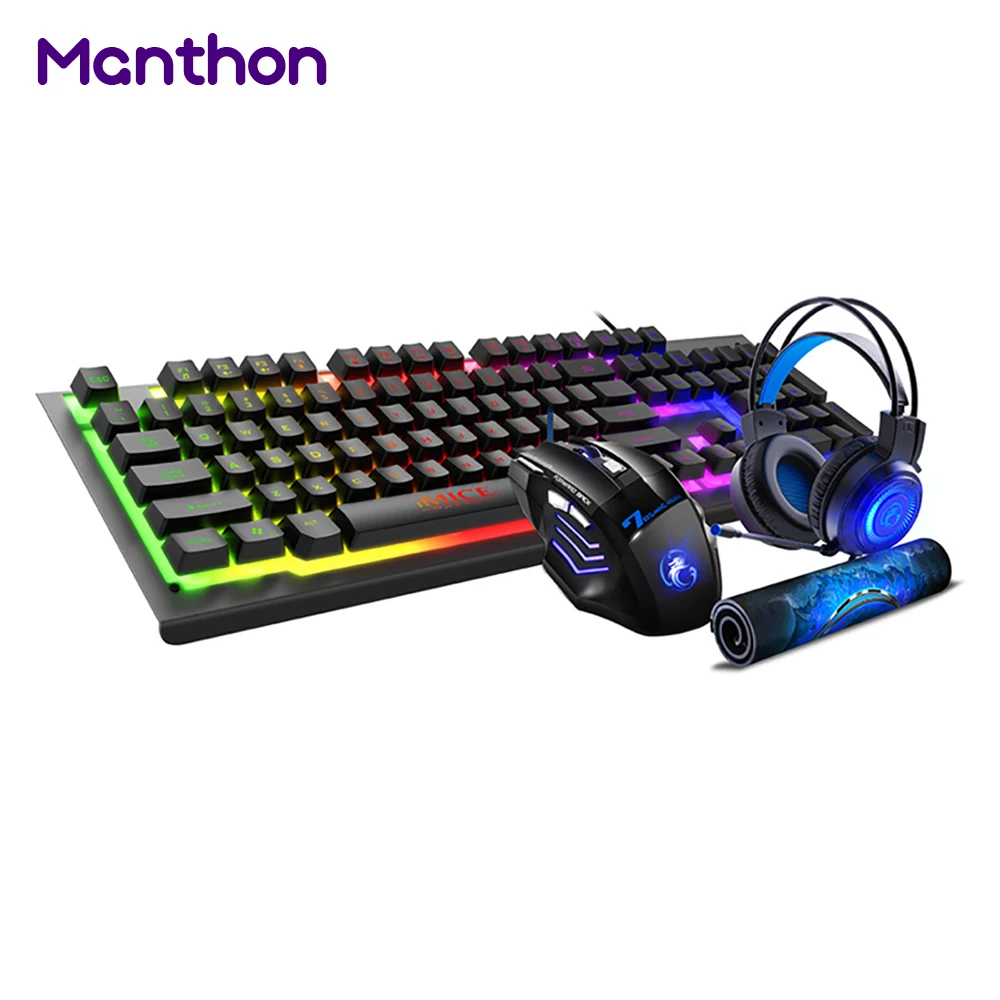 

4 In 1 Rainbow Mini Small Gaming Keyboard Mouse Kit And Headphones With Headset Combo For Gamer, Black