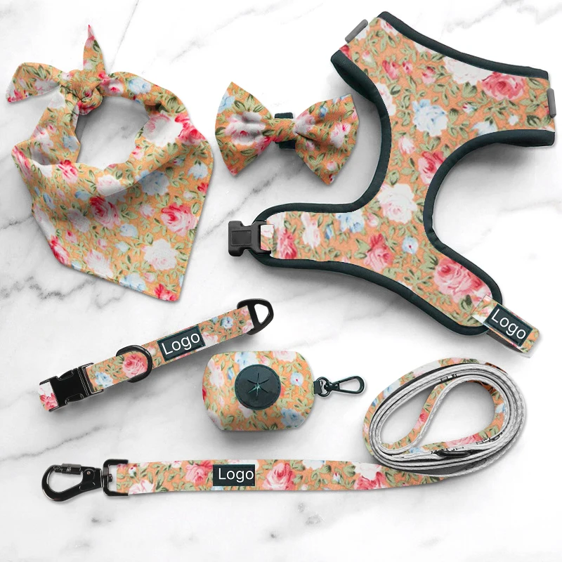 

Wholesale adjustable puppy reversible collar and leash vest personalized pattern designer pet dog harness set, As image, customized color