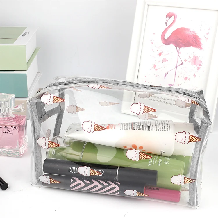 

2021 New Arrival Custom Private Label Logo Cosmetic Bag Travel Popular Transparent Ice Cream Pattern Zipper Makeup Bag Pvc Pouch