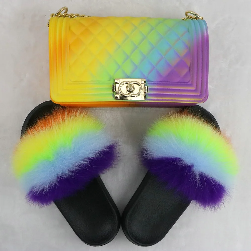 

Color frosted diamond jelly bag with rainbow fox fur grass women's sandal set