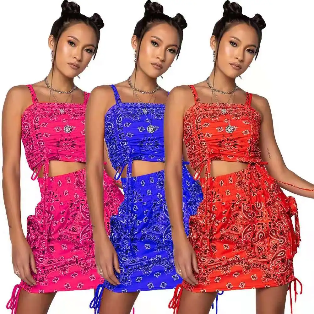 

2021 wholesale new trendy high street vintage paisley bandana two piece skirt set ladies fashion tank top mini skirts outfit, Color as picture