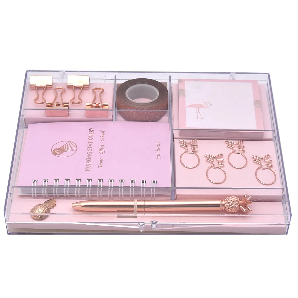 
Wholesale durable PS box stationery set Pink Tropical office set 