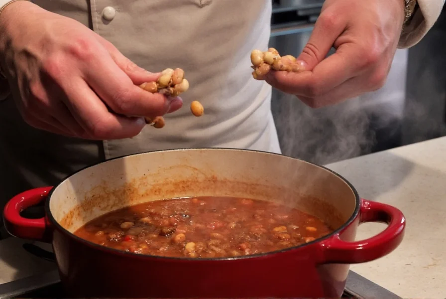 Chef's hands adding rinsed kidney beans to a pot of simmering chili with steam rising