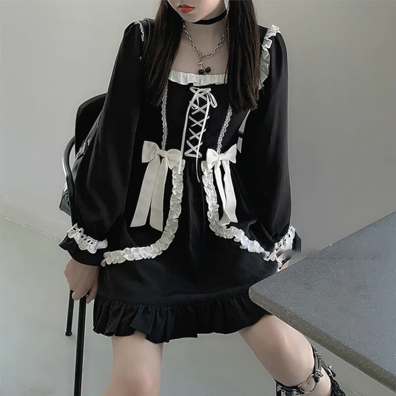 

Japanese Lolita Gothic Dress Girl Patchwork Vintage Designer Mini Dress Japan Style Kawaii Clothes Fall Dresses for Women, Customized colors