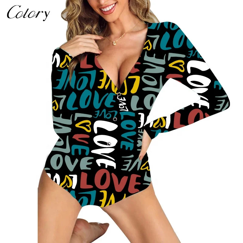 

Customized Letter Allover Print Sexy Women Onesie Pajamas, Customized color