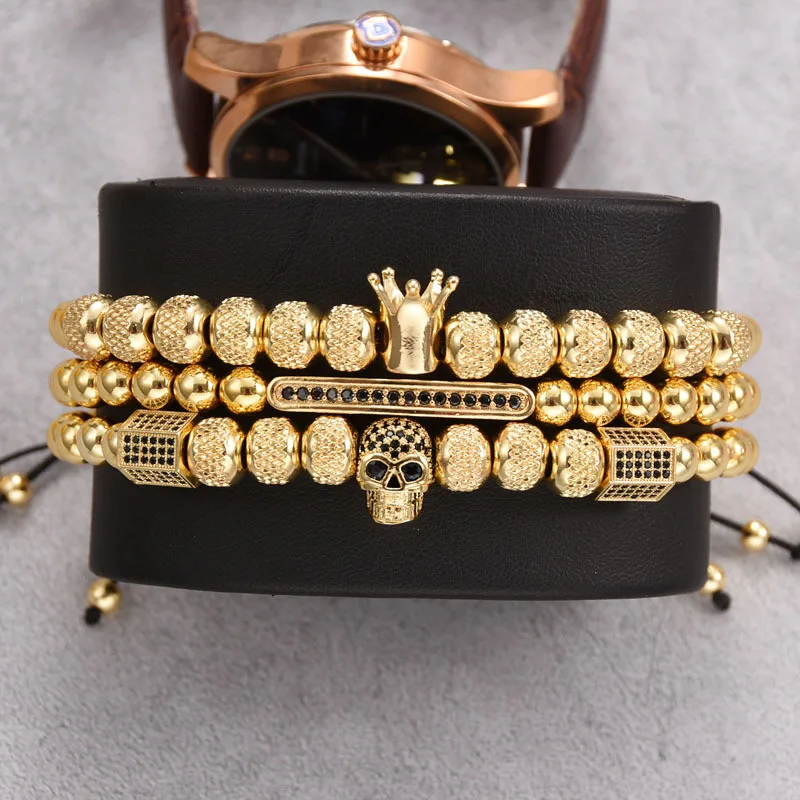 

European Hot Selling Punk Men's Hand Braiding Adjustable 3Pcs/Set 18K Gold Stainless Steel Beads Royal Crown Skull Bracelet Set