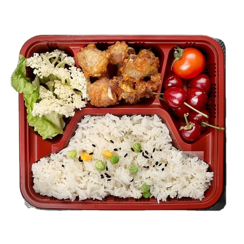 

disposable take away 4 compartment bento box food box lunch box, Box:reddish black;lid:transparent