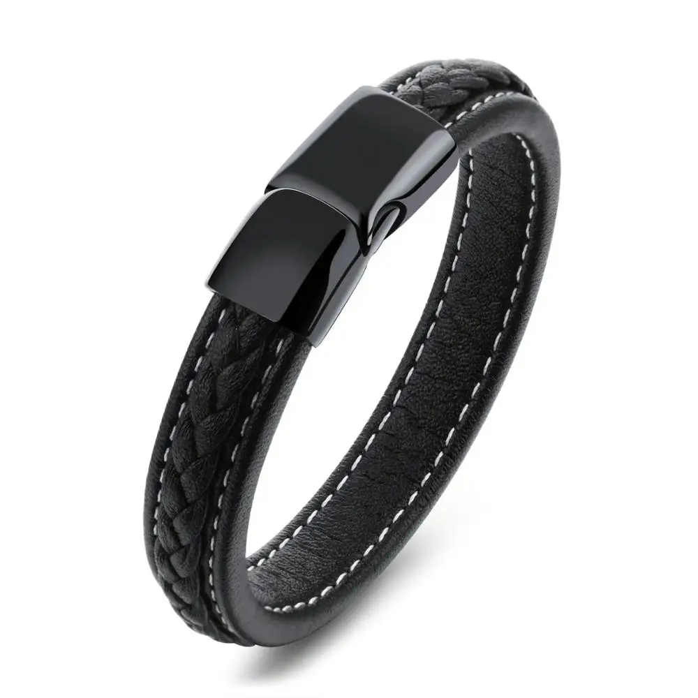 

Low MOQ Men's Classic Leather Stainless Steel Black Buckle Bracelet Dylam jewelry