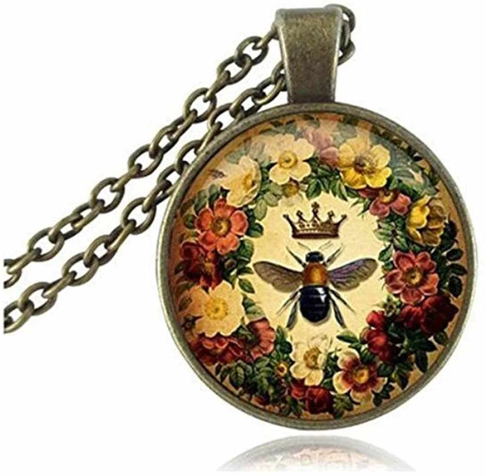 

Queen Bee Necklace Flower Jewelry Animal Honeybee Cabochon Pendant Letter Jewelry Antique Bronze Chain Neckless Women Jewellery