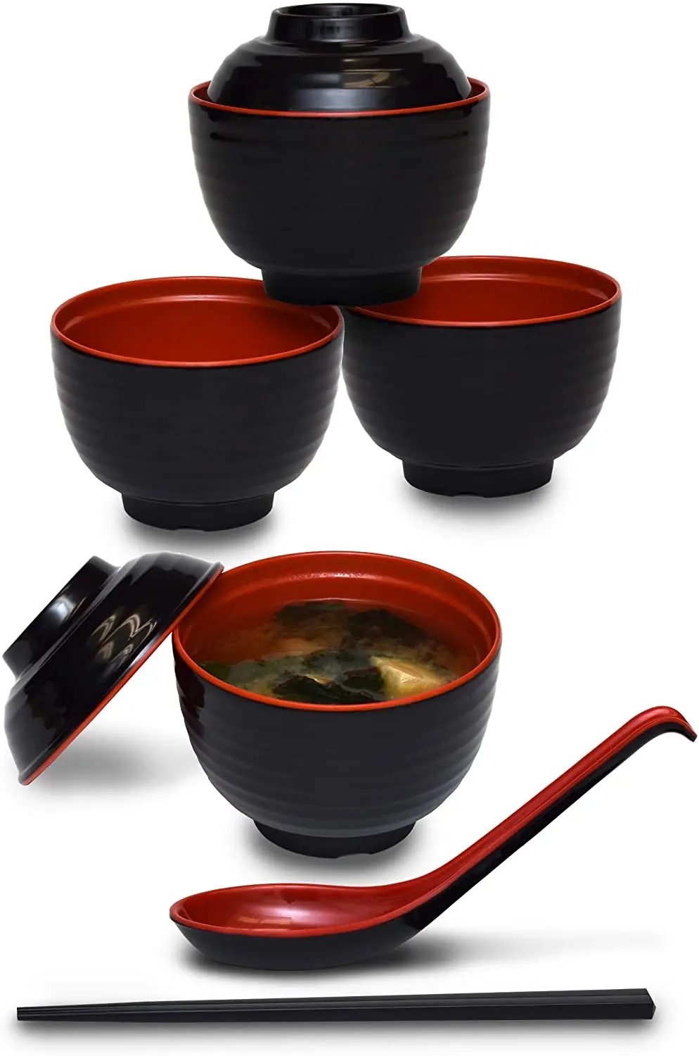 2 x Ramen Bowl Set Black Melamine Japanese Style Soup Bowls with Chopstick... 