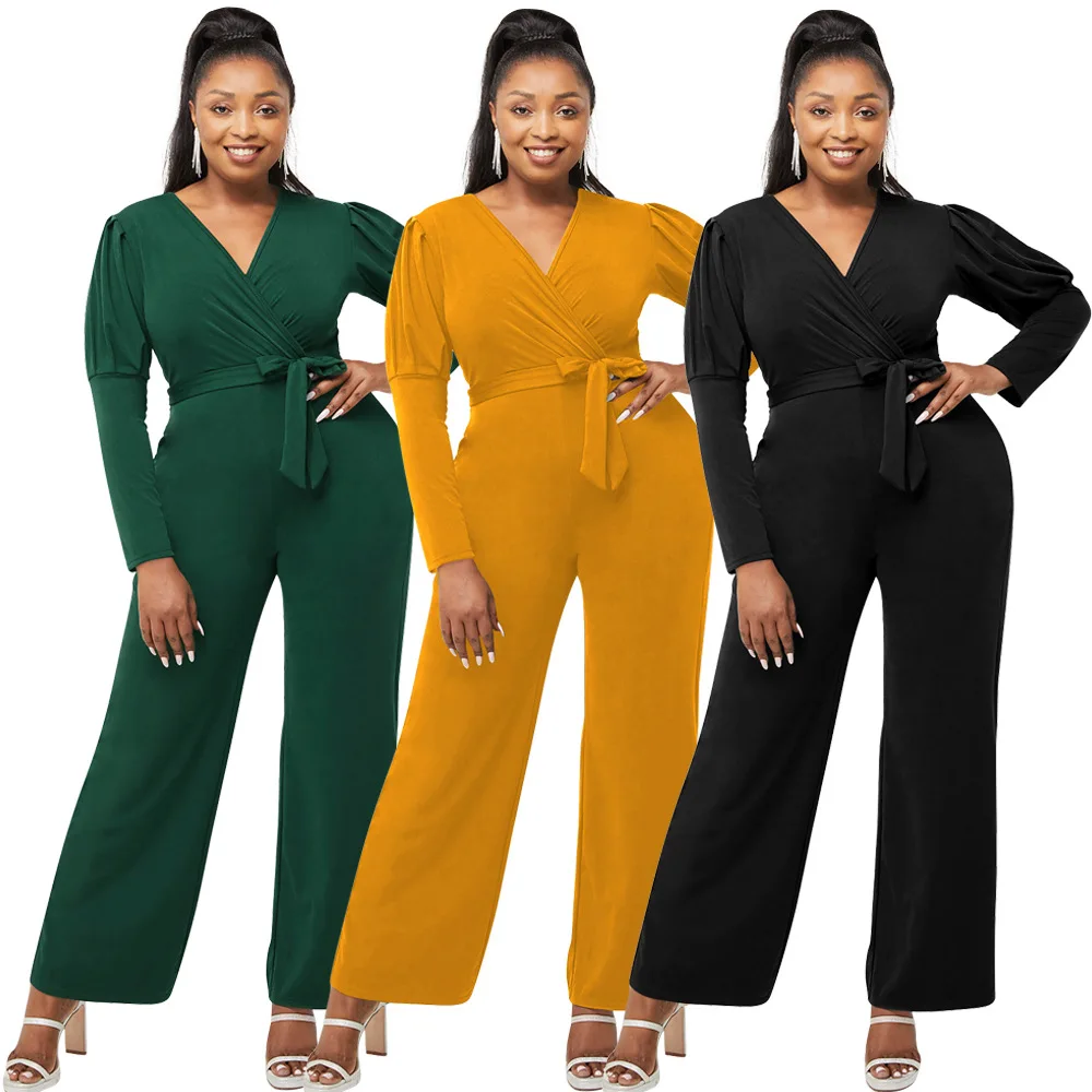 

Autumn Solid Color V Neck Puff Sleeve Casual Wide Leg Jumpsuit Fashion Bandage Rompers And Jumpsuit Rompers, Picture color