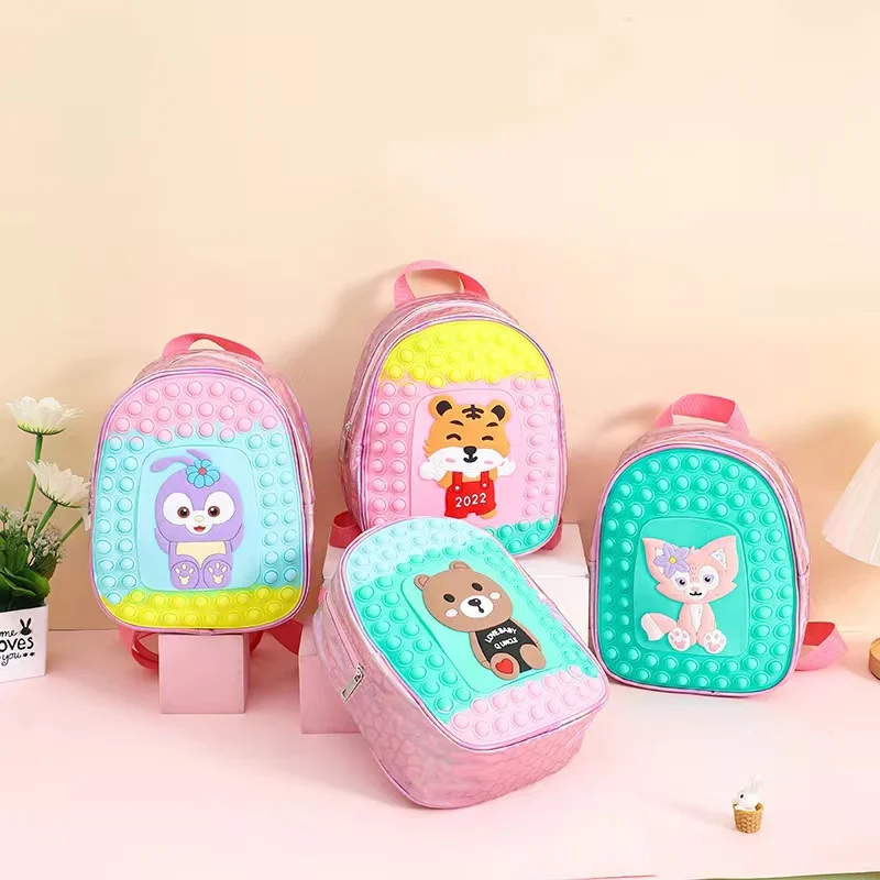 

2022 Cartoon Silicone Popping Fidget Book Bags Real Bubble It Bear Bunny Star Push Pop Schoolbag Backpack For Kids, Customized color