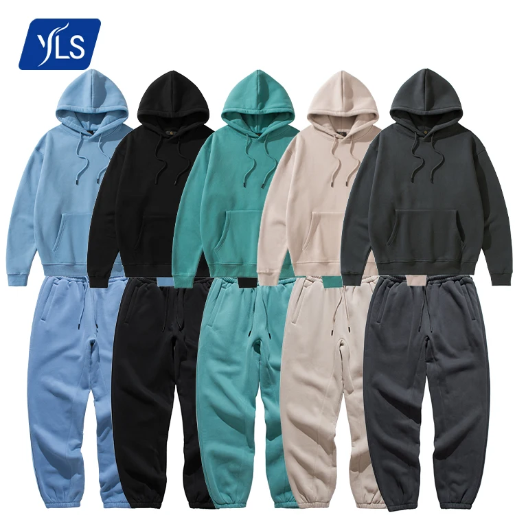 Private Label Unisex Oversized 330g Fleece Plain 2 Pieces Tracksuit Sweat Suits Unisex Jogger Pants Sweatpants and Hoodie Set