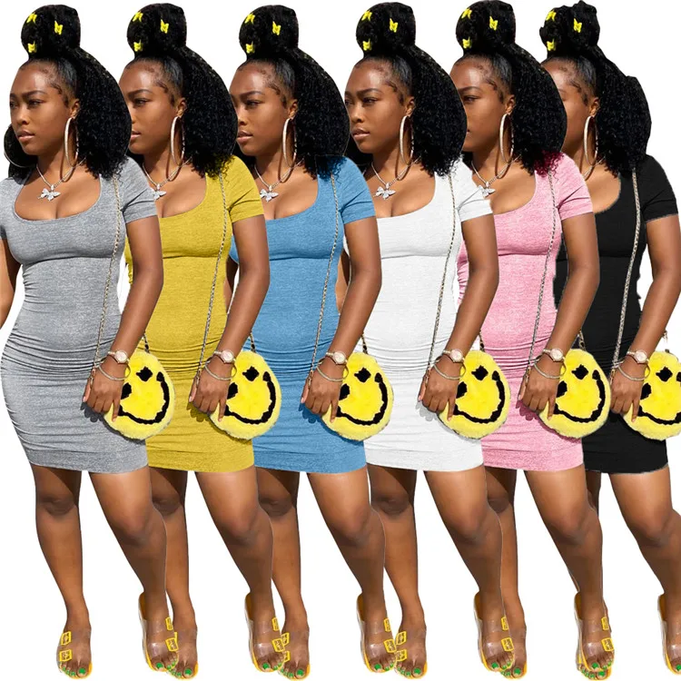 

Hot Solid Color Stacked Hollow Out Dress Summer Skinny Sexy Party Women Short Dresses