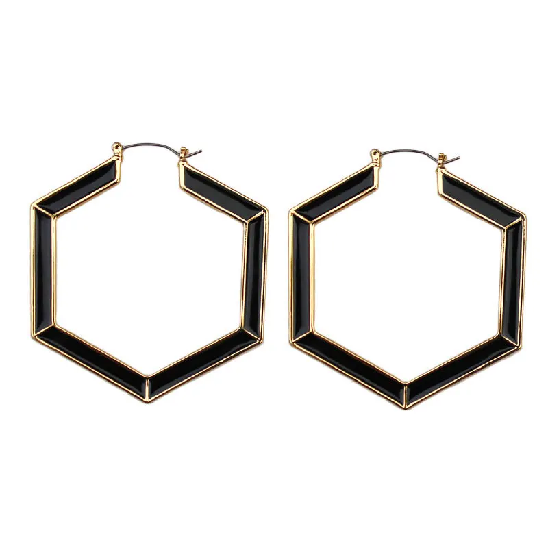 

European Statement 18K Gold Plated Metal Oil Dripping Big Geometric Drop Earrings Black Enamel Hexagon Hoop Earrings