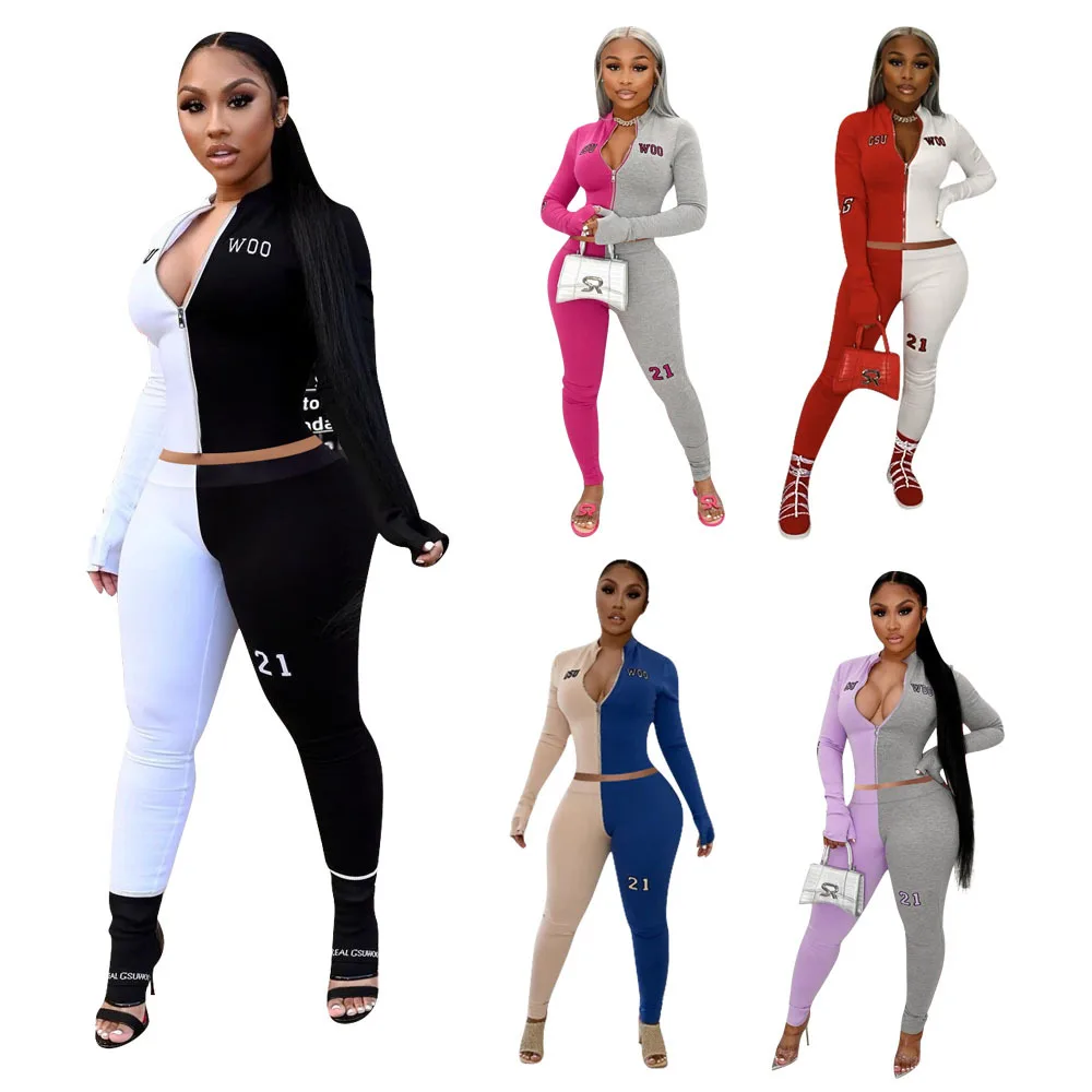 

2022 Wholesale Fall Winter Clothes Cropped Woman Designer Color Blocking Zipper Sports Tracksuits 2 Piece Tracksuit Set