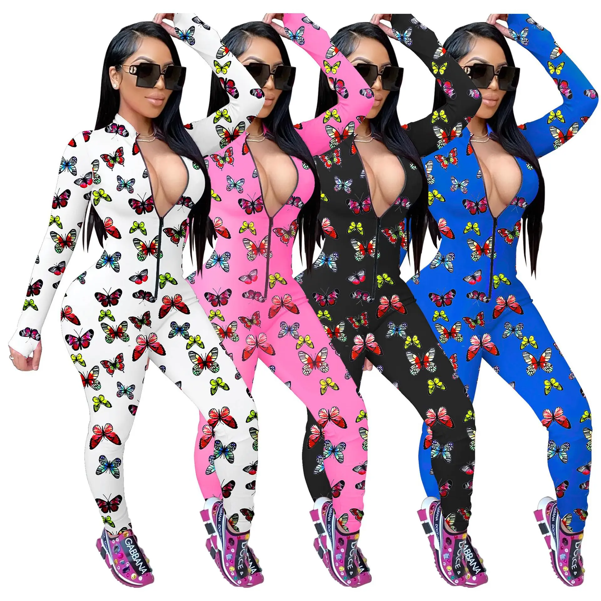 

Factory direct sale autumn long-sleeved jumpsuit butterfly print zipper jumpsuit sexy female clothing