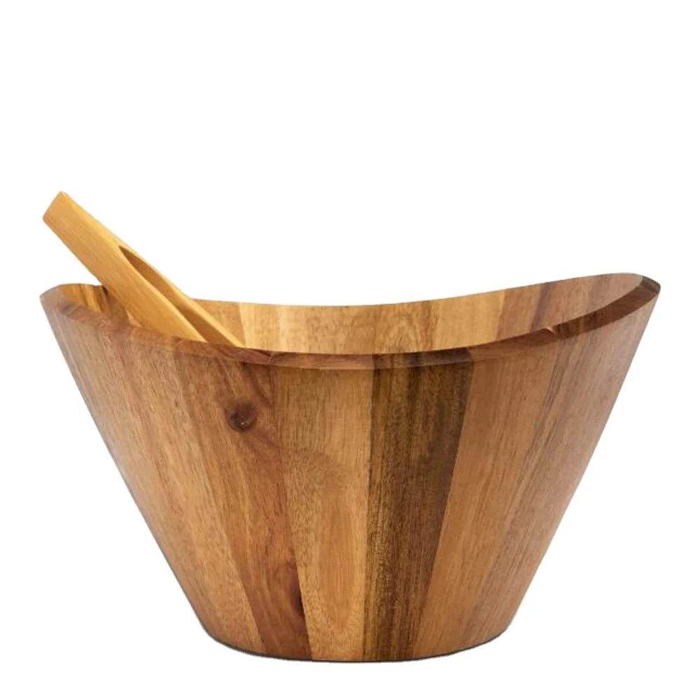 

Large Natural Wavy Acacia Wood Salad Bowl Serving Set with Tongs for Fruits or Salads