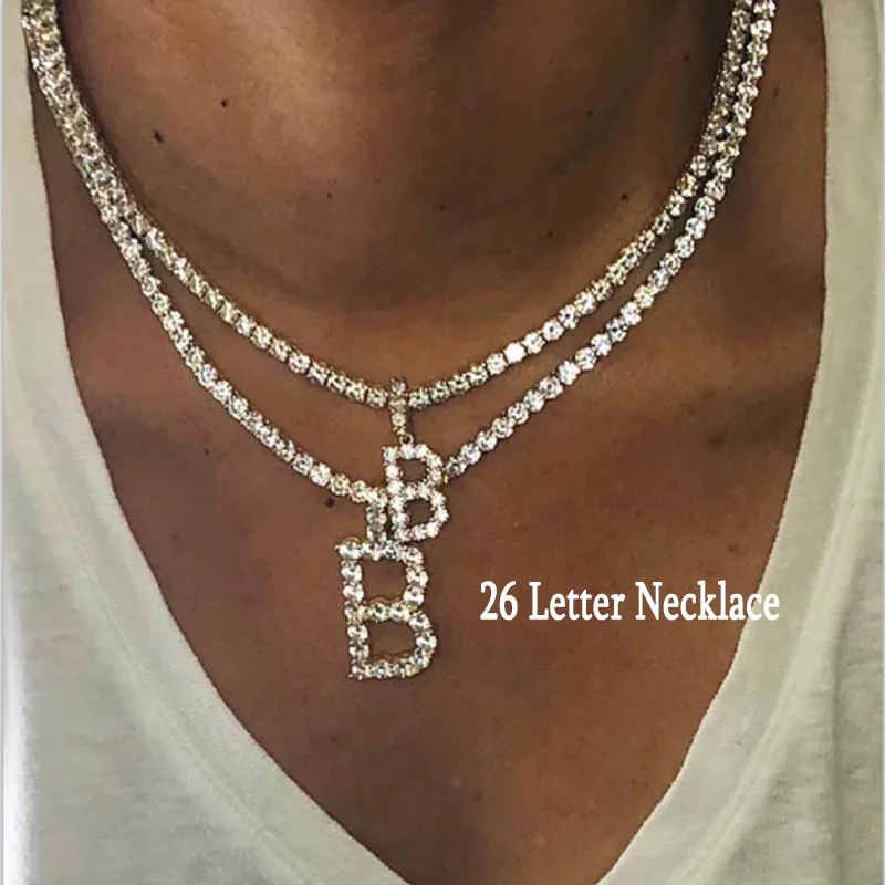 

Fashion Hip Hop Jewelry For Men Women Luxury Rhinestone Tennis Chain Choker Necklace 26 Initial Crystal Letter Pendant Necklace, Silver color