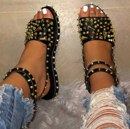 

Women Rivet Sandals Ankle Strap Line Style Buckle Ladies Transparent Bling Slippers Flats Summer Shoes Cool Girl, As shown