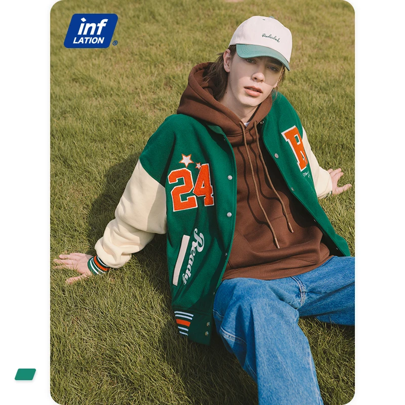 

New Style Baseball Uniform Turndown Collar Towel Embroidery Long Sleeve Warm Varsity Jacket, Green