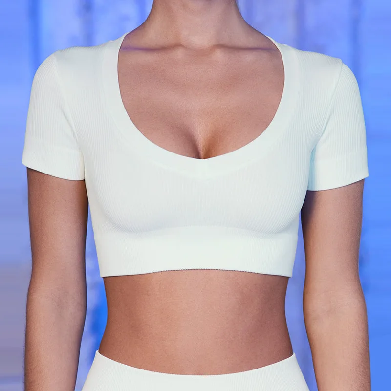 

Women's Ribbed Solid Color Slim Short Sleeve Yoga Clothes Gym Fitness Exercise Short Sleeve T Shirts Yoga Tops