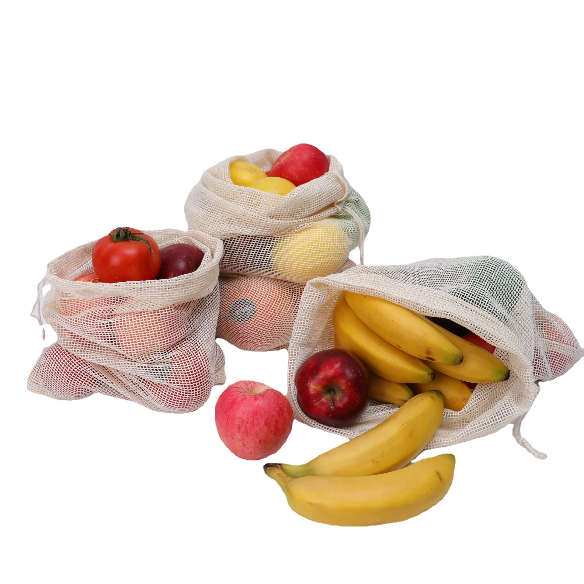 

Reusable Grocery Cotton Mesh Bags Washable Foldable Drawstring Fruit Bag Mesh Shopping Net Bag