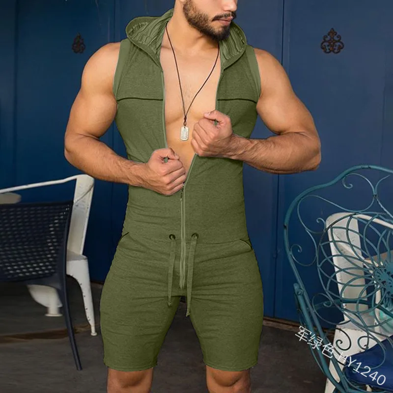 

Factory direct summer new casual sports sleeveless top and shorts set men's hooded jumpsuits, Shown