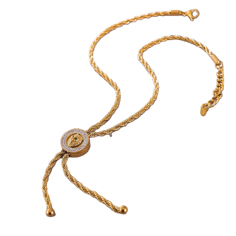 Fashion Chains Jewelry Necklace Statement Textured Lion's Head  Diamonds 18K Gold-plated Necklace Waterproof Jewelry for Women