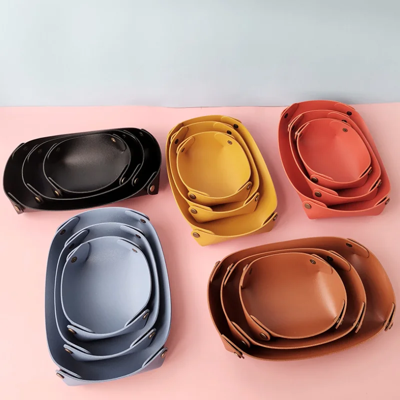 

Household creative storage box cosmetic desktop storage plate leather sundry basket, Pink/blue/gray/green/brown etc