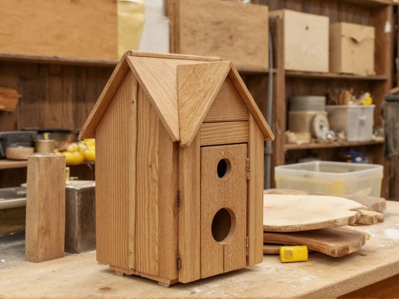 Reclaimed wood birdhouse materials on workbench
