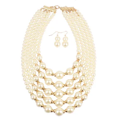 

Elegant Pearl Necklaces Bead Cluster Collar Bib Choker Necklace and Earrings Set