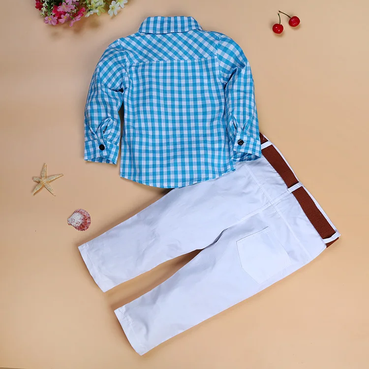 

Spring autumn 2020 new European American boutique fashion boy long-sleeved blue plaid shirt casual white trousers belt set, As pic shows, we can according to your request also