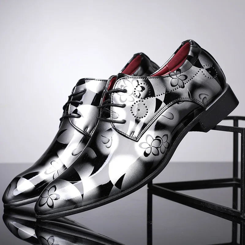 

Dropshipping Fashion Men's Dress Shoes Color Matching Flowers Sequins Square Heel Cross Strap Men's Business Shoes