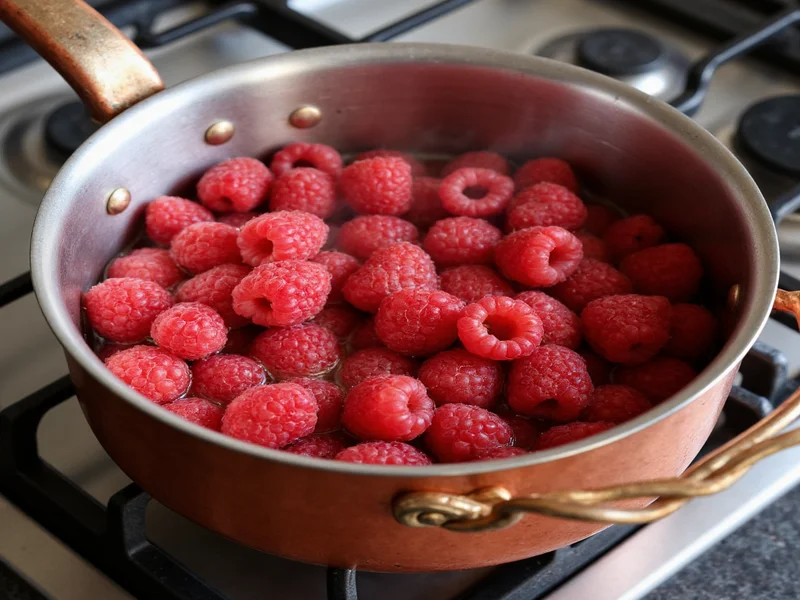 Fresh raspberries simmering in copper pot on stove