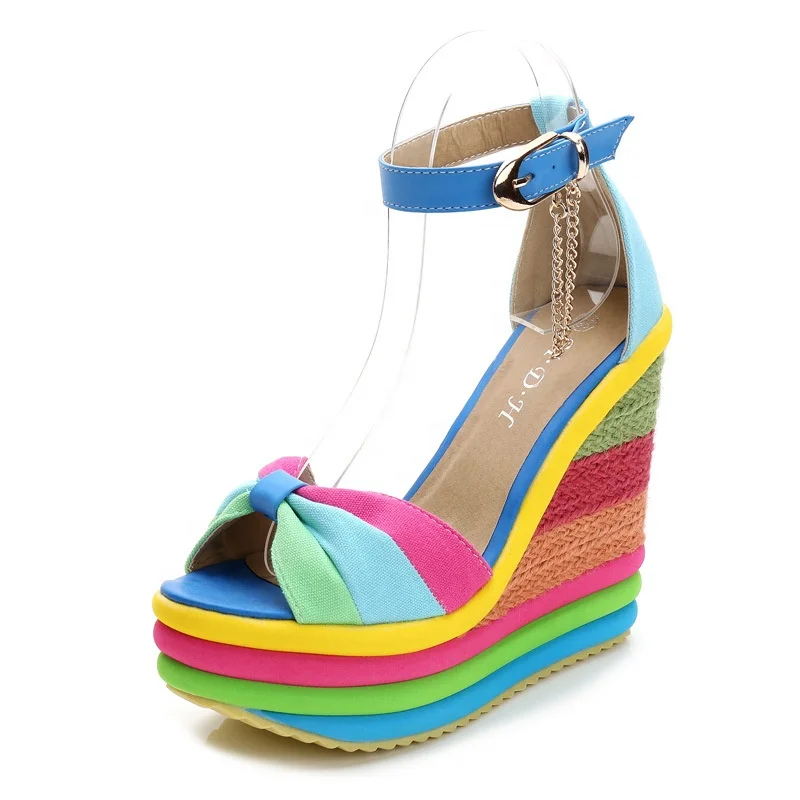 

RTS Amazon summer new fashion rainbow color rattan peep toe platform girl sandal lady high heel shoes wedge woman sandal, Orange, blue